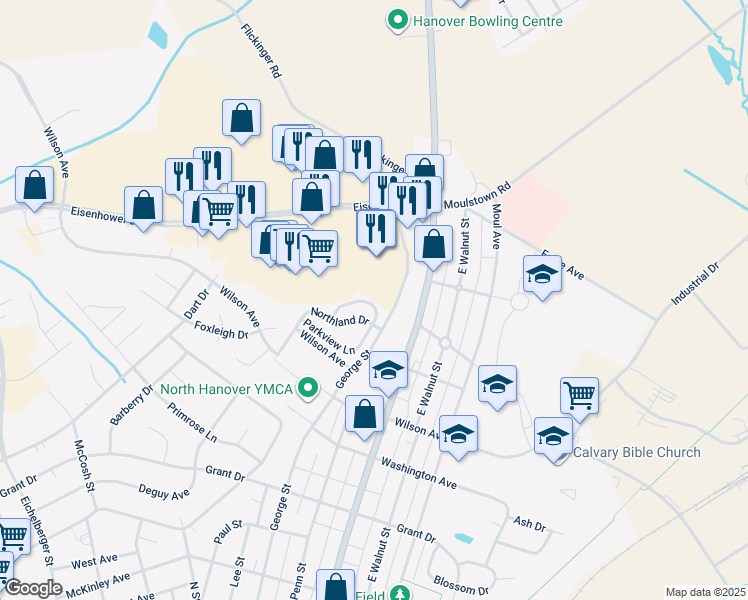 map of restaurants, bars, coffee shops, grocery stores, and more near 513 Parkview Lane in Hanover