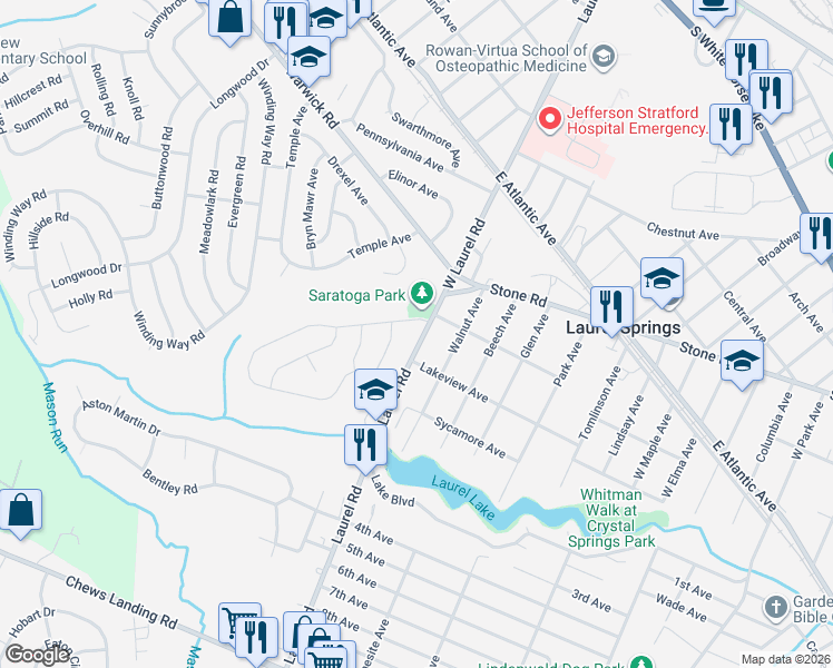 map of restaurants, bars, coffee shops, grocery stores, and more near 504 West Laurel Road in Stratford