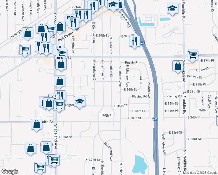 map of restaurants, bars, coffee shops, grocery stores, and more near 3645 North Hartman Drive in Indianapolis