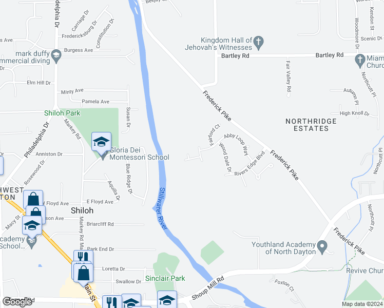 map of restaurants, bars, coffee shops, grocery stores, and more near 5402 Galt Court in Dayton