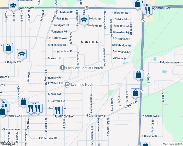 map of restaurants, bars, coffee shops, grocery stores, and more near 2730 East Black Avenue in Springfield