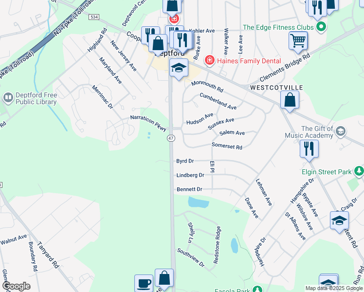map of restaurants, bars, coffee shops, grocery stores, and more near 287 Somerset Road in Deptford Township