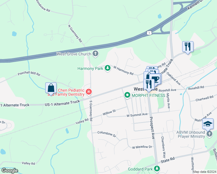 map of restaurants, bars, coffee shops, grocery stores, and more near 231 West Evergreen Street in West Grove
