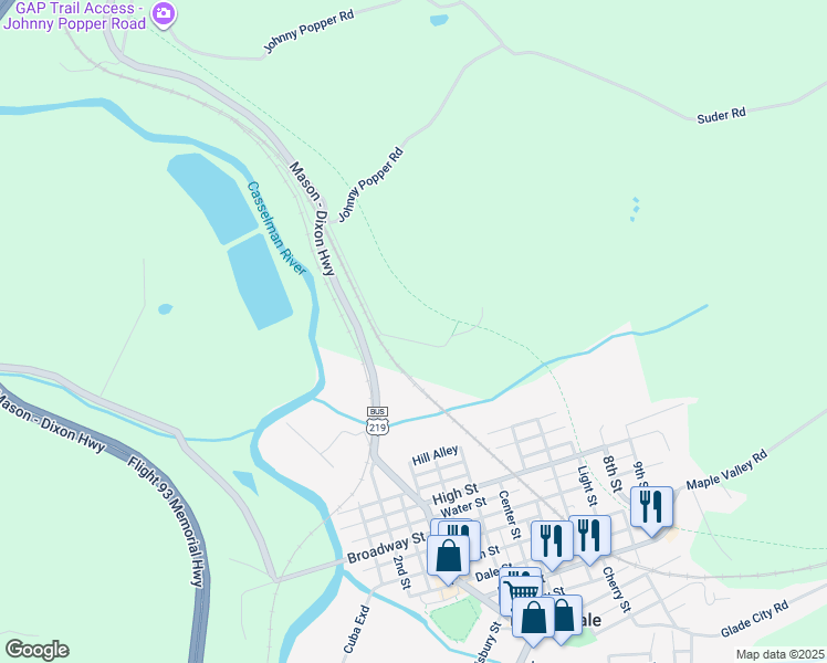 map of restaurants, bars, coffee shops, grocery stores, and more near 254 Michaels Road in Meyersdale