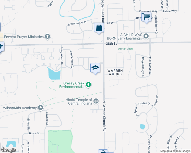 map of restaurants, bars, coffee shops, grocery stores, and more near 3600 North German Church Road in Indianapolis