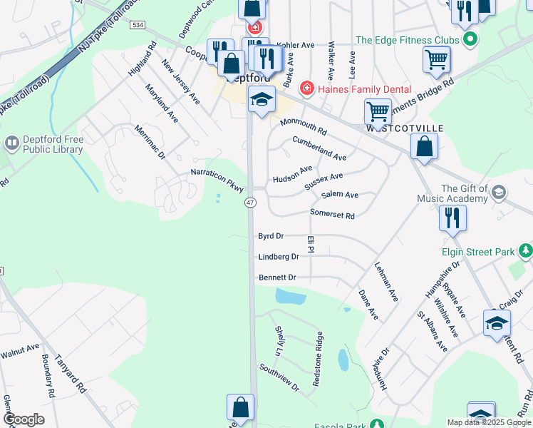 map of restaurants, bars, coffee shops, grocery stores, and more near 287 Somerset Road in Deptford Township