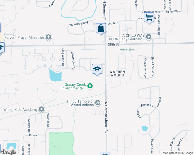 map of restaurants, bars, coffee shops, grocery stores, and more near 3600 North German Church Road in Indianapolis