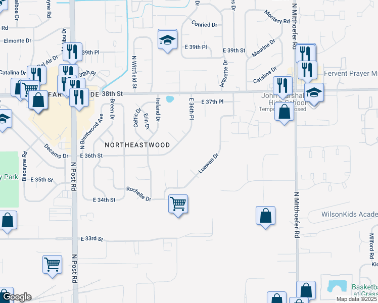 map of restaurants, bars, coffee shops, grocery stores, and more near 9501 East 36th Place in Indianapolis