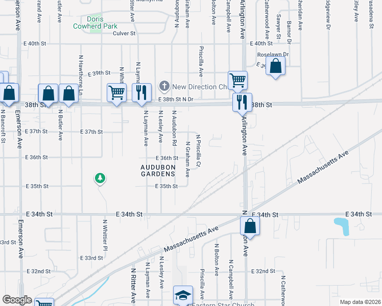 map of restaurants, bars, coffee shops, grocery stores, and more near 5749 East 36th Street in Indianapolis