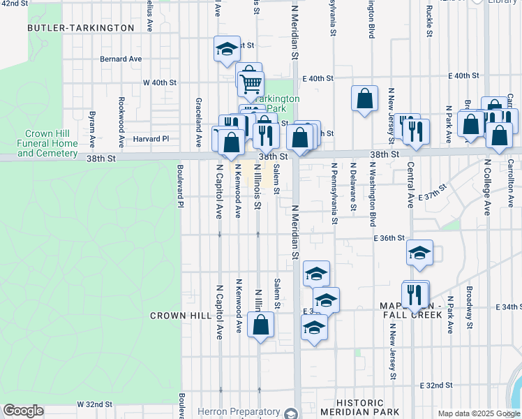 map of restaurants, bars, coffee shops, grocery stores, and more near 3628 Salem Street in Indianapolis