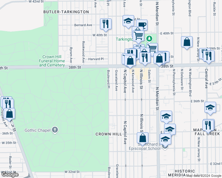 map of restaurants, bars, coffee shops, grocery stores, and more near 3630 Graceland Avenue in Indianapolis