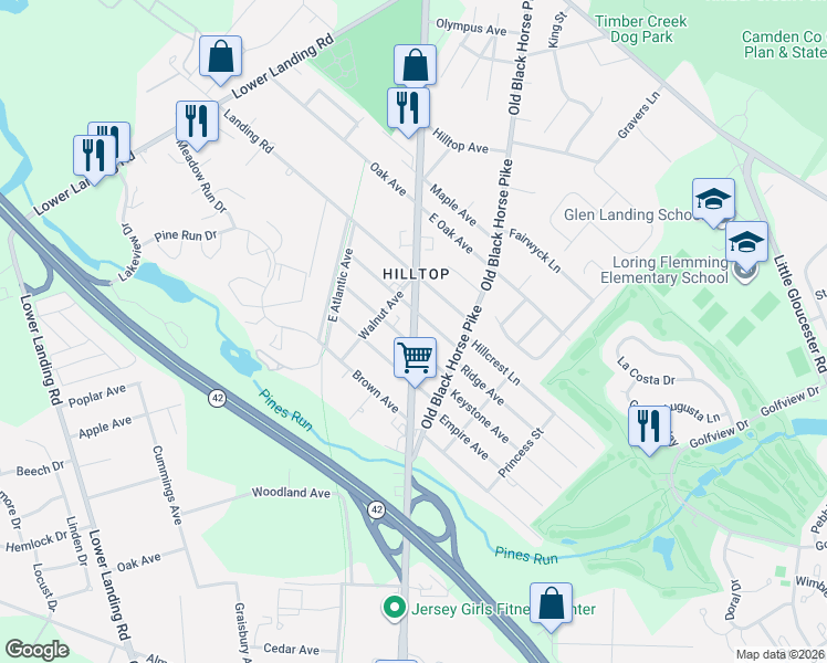 map of restaurants, bars, coffee shops, grocery stores, and more near 1305 Old Black Horse Pike in Camden County