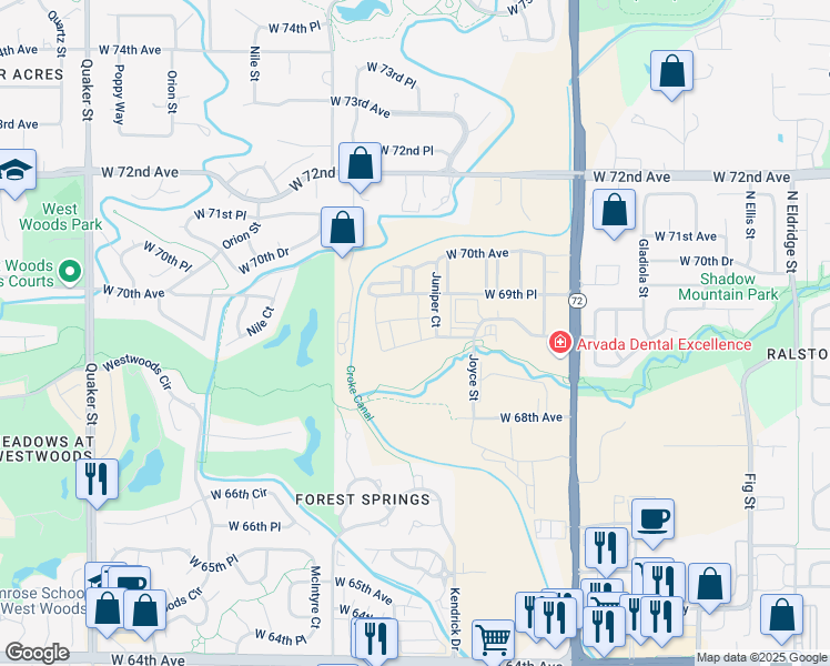 map of restaurants, bars, coffee shops, grocery stores, and more near 15077 West 68th Place in Arvada