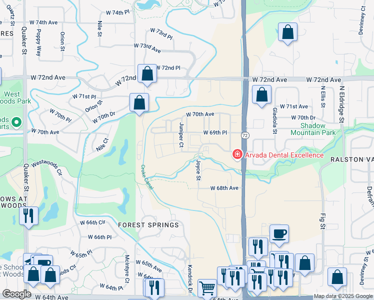 map of restaurants, bars, coffee shops, grocery stores, and more near 15077 West 68th Place in Arvada