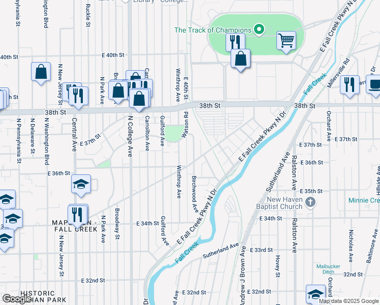 map of restaurants, bars, coffee shops, grocery stores, and more near 3632 Birchwood Avenue in Indianapolis