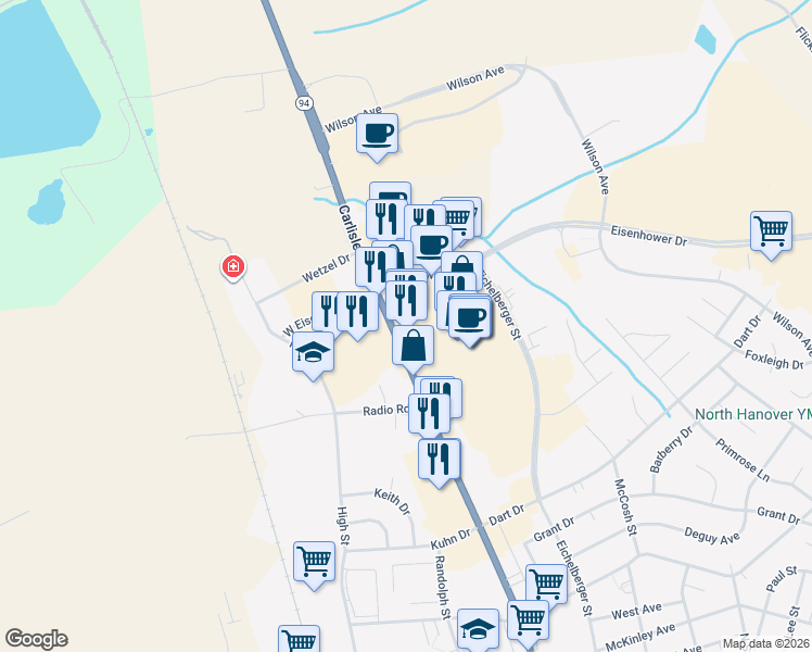 map of restaurants, bars, coffee shops, grocery stores, and more near 1155 Carlisle Street in Hanover