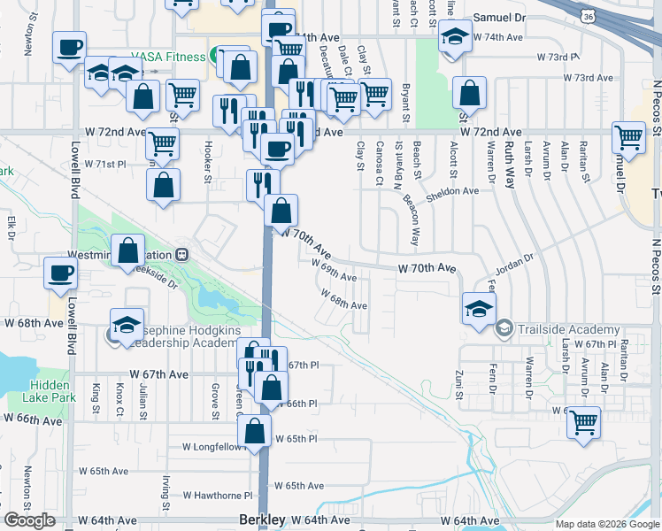 map of restaurants, bars, coffee shops, grocery stores, and more near 6877 Decatur Street in Denver