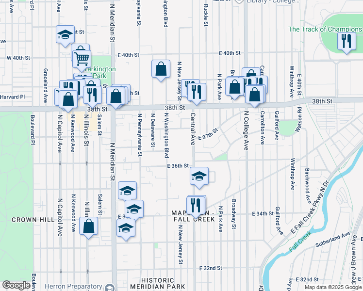 map of restaurants, bars, coffee shops, grocery stores, and more near 3650 Central Avenue in Indianapolis