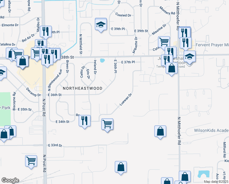 map of restaurants, bars, coffee shops, grocery stores, and more near 9501 East 36th Place in Indianapolis