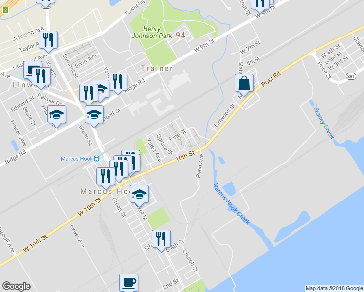 map of restaurants, bars, coffee shops, grocery stores, and more near 11 Plaza Street in Marcus Hook