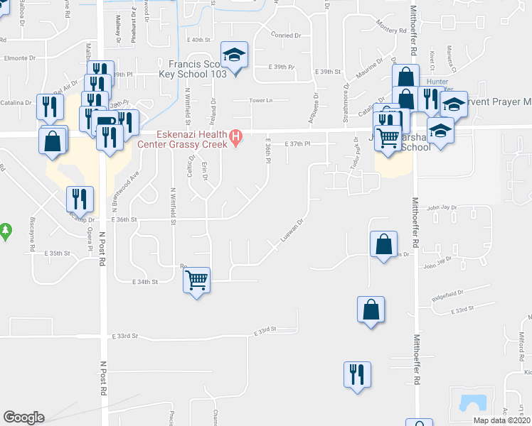 map of restaurants, bars, coffee shops, grocery stores, and more near 9501 East 36th Place in Indianapolis