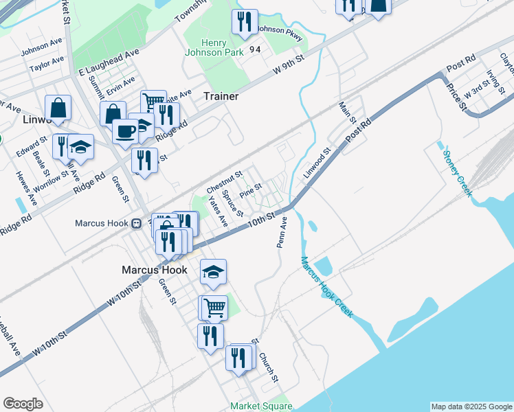 map of restaurants, bars, coffee shops, grocery stores, and more near 11 Plaza Street in Marcus Hook
