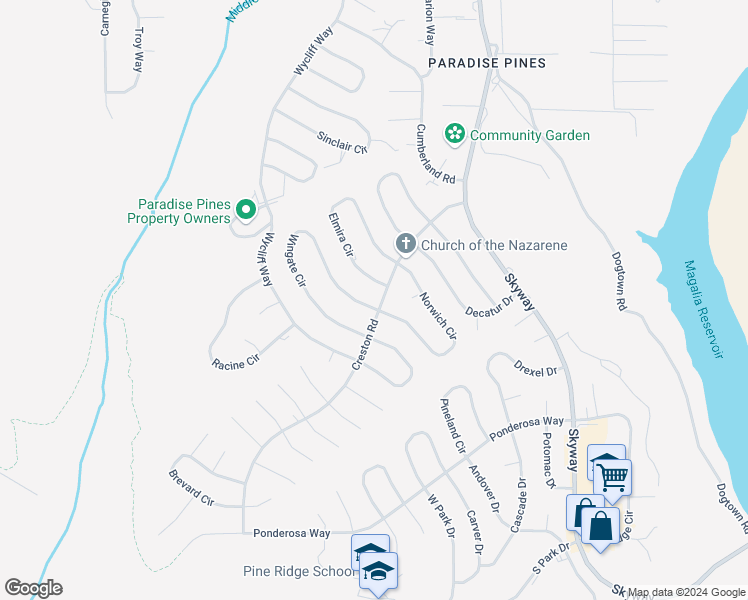 map of restaurants, bars, coffee shops, grocery stores, and more near 14105 Creston Road in Magalia