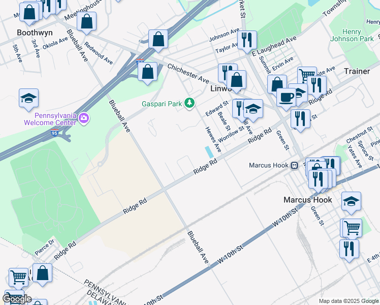 map of restaurants, bars, coffee shops, grocery stores, and more near 301 Melling Avenue in Linwood
