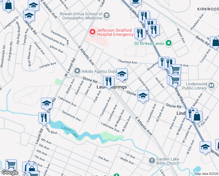 map of restaurants, bars, coffee shops, grocery stores, and more near 1000 West Atlantic Avenue in Clementon