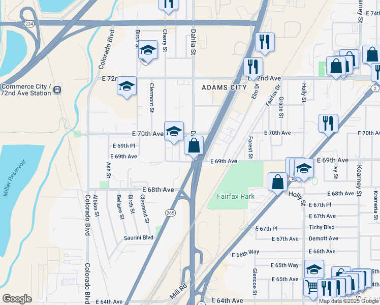 map of restaurants, bars, coffee shops, grocery stores, and more near 4711 East 69th Avenue in Commerce City