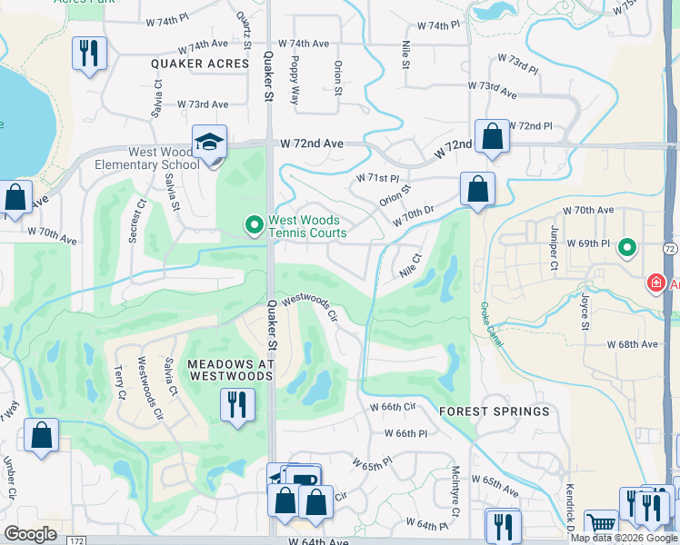 map of restaurants, bars, coffee shops, grocery stores, and more near 16060 West 69th Place in Arvada