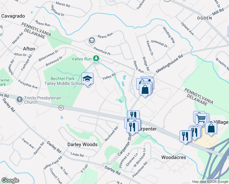 map of restaurants, bars, coffee shops, grocery stores, and more near 2517 Merribrook Road in Wilmington