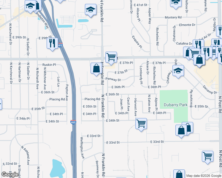 map of restaurants, bars, coffee shops, grocery stores, and more near 8108 East 36th Street in Indianapolis