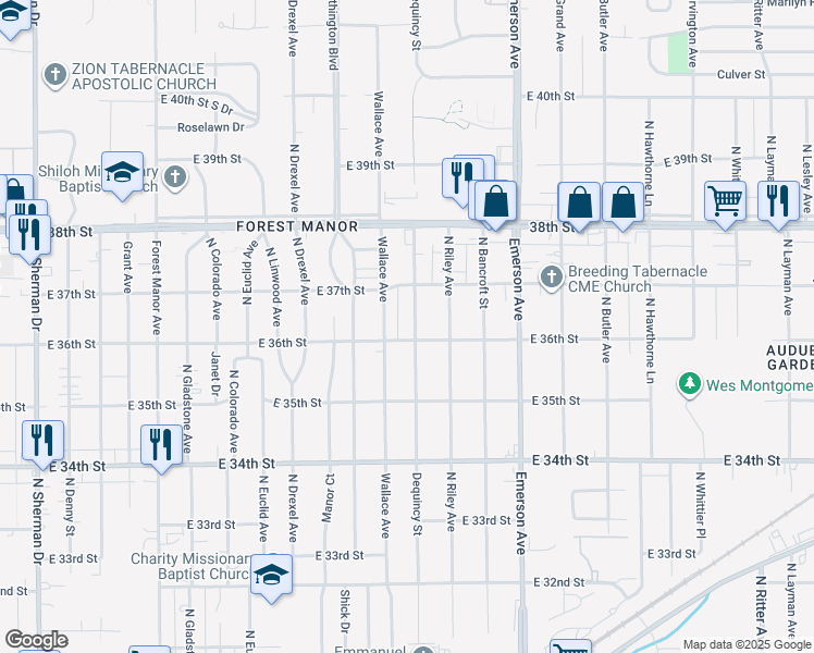 map of restaurants, bars, coffee shops, grocery stores, and more near 3570 Dequincy Street in Indianapolis