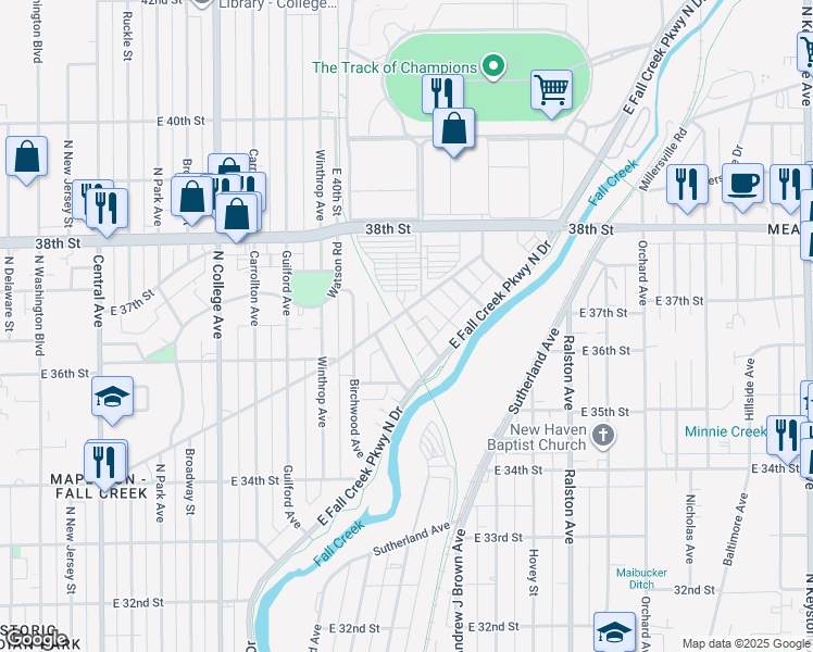 map of restaurants, bars, coffee shops, grocery stores, and more near 3540 Balsam Avenue in Indianapolis