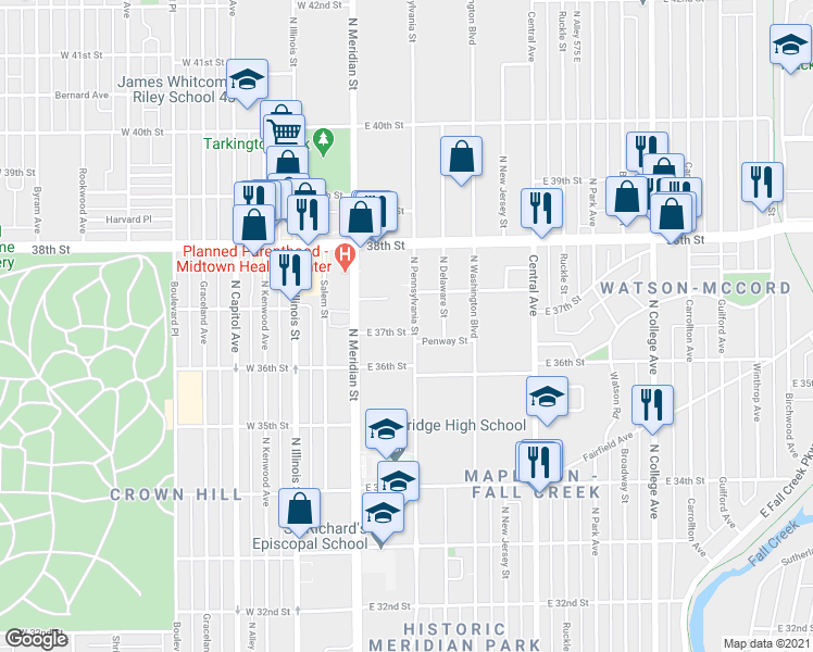 map of restaurants, bars, coffee shops, grocery stores, and more near 33 East 37th Street in Indianapolis