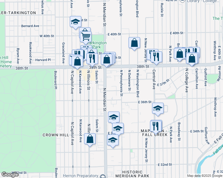 map of restaurants, bars, coffee shops, grocery stores, and more near 33 East 37th Street in Indianapolis