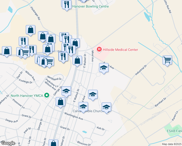 map of restaurants, bars, coffee shops, grocery stores, and more near 300 Keagy Avenue in Hanover