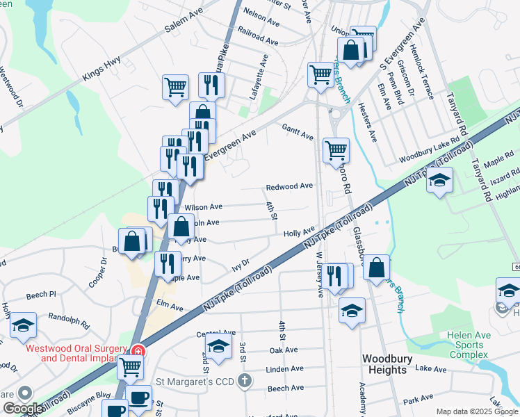 map of restaurants, bars, coffee shops, grocery stores, and more near 376 Wilson Avenue in Woodbury Heights