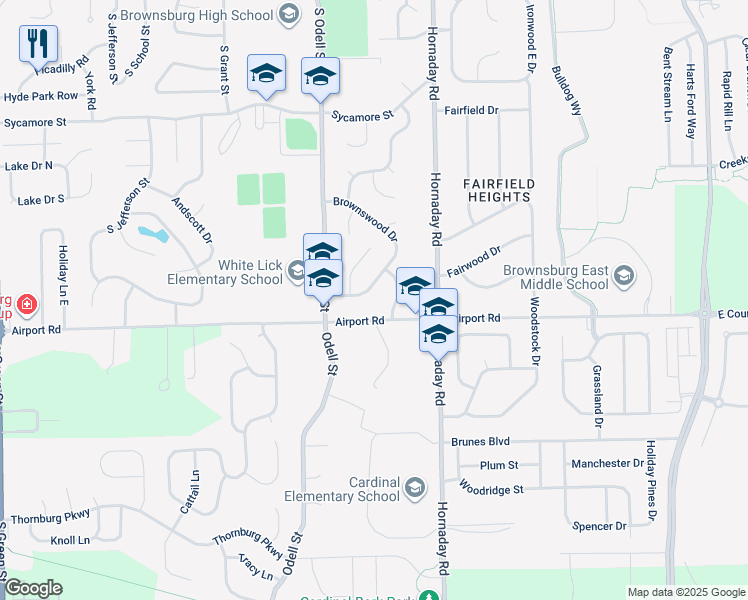 map of restaurants, bars, coffee shops, grocery stores, and more near 708 Airport Road in Brownsburg