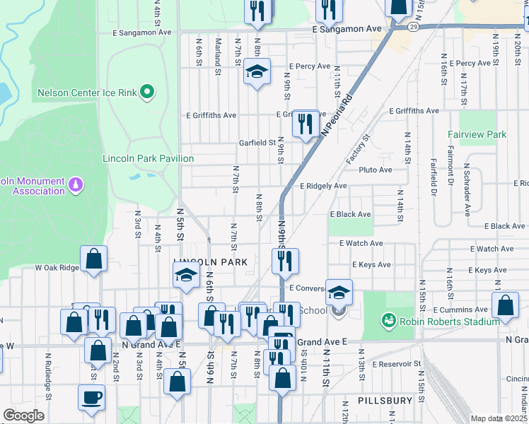 map of restaurants, bars, coffee shops, grocery stores, and more near 805 East Black Avenue in Springfield