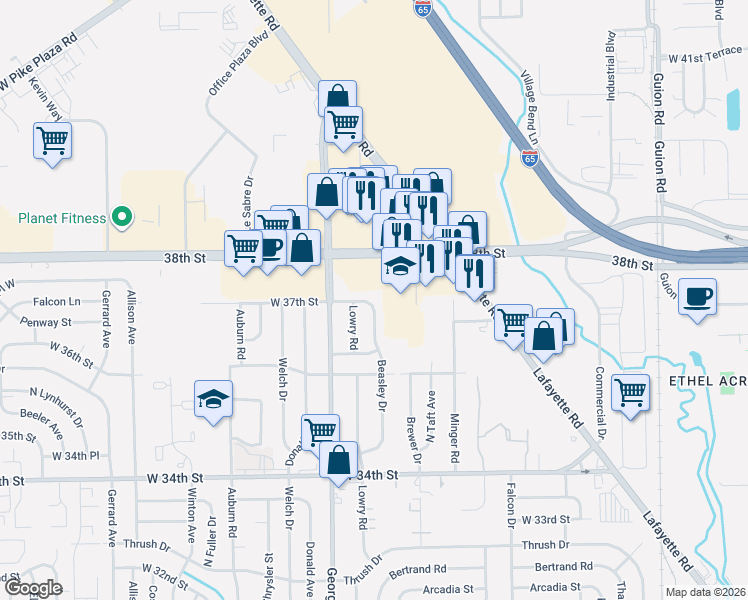map of restaurants, bars, coffee shops, grocery stores, and more near 3655 Beasley Drive in Indianapolis