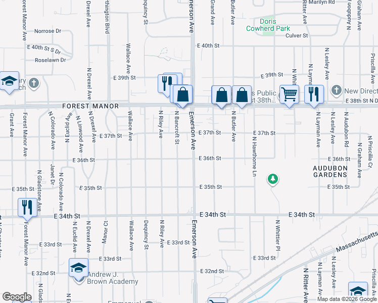 map of restaurants, bars, coffee shops, grocery stores, and more near 3555 North Emerson Avenue in Indianapolis
