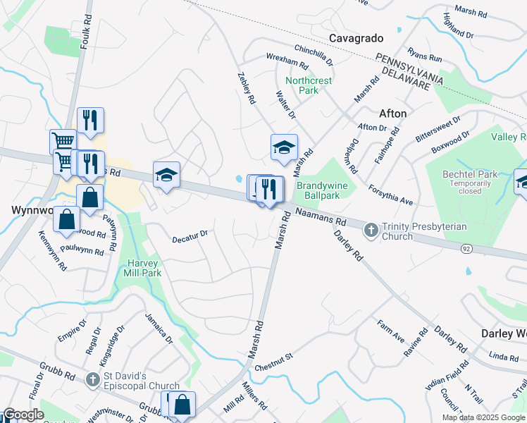 map of restaurants, bars, coffee shops, grocery stores, and more near 1720 Naamans Road in Wilmington