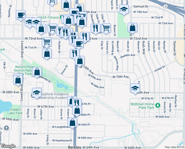 map of restaurants, bars, coffee shops, grocery stores, and more near 6877 Decatur Street in Denver