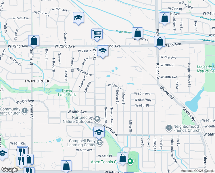 map of restaurants, bars, coffee shops, grocery stores, and more near 6907 Newcombe Street in Arvada