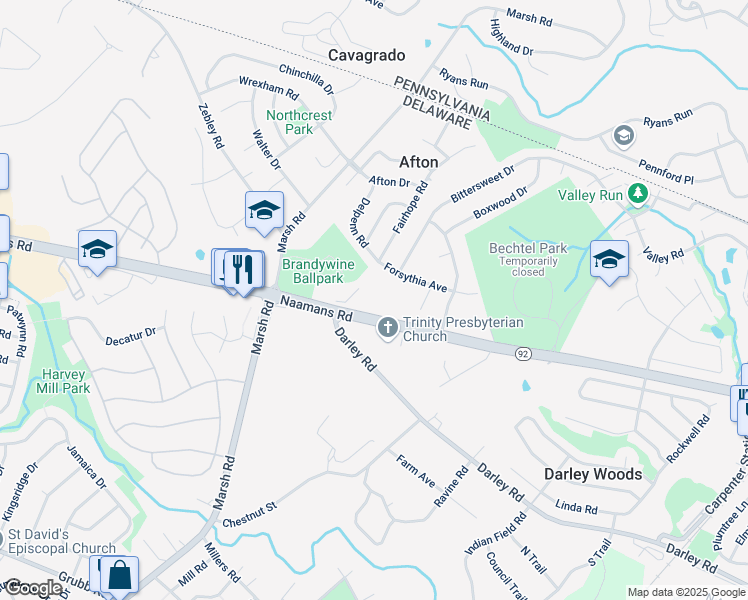 map of restaurants, bars, coffee shops, grocery stores, and more near 1511 Naamans Road in Wilmington