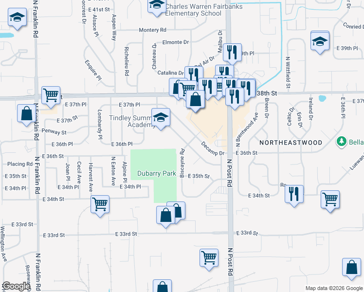 map of restaurants, bars, coffee shops, grocery stores, and more near 3550 Biscayne Road in Indianapolis