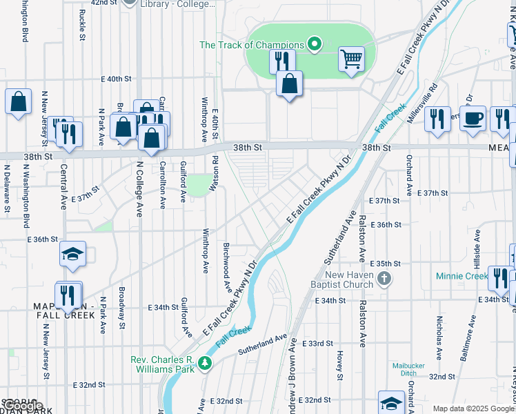 map of restaurants, bars, coffee shops, grocery stores, and more near 3540 Balsam Avenue in Indianapolis