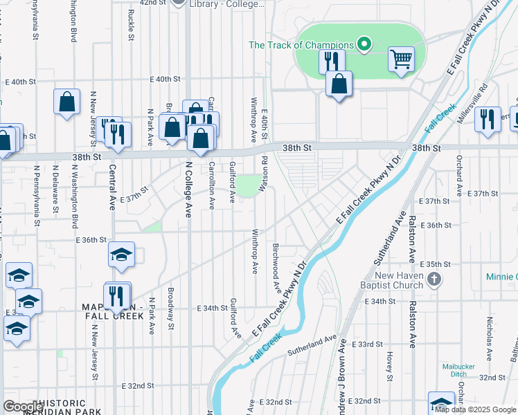map of restaurants, bars, coffee shops, grocery stores, and more near 3621 Winthrop Avenue in Indianapolis
